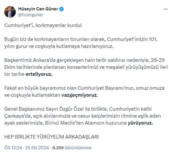 Hüseyin Can Güner’in Cumhuriyet Bayramı Etkinlikleri İle İlgili Açıklaması